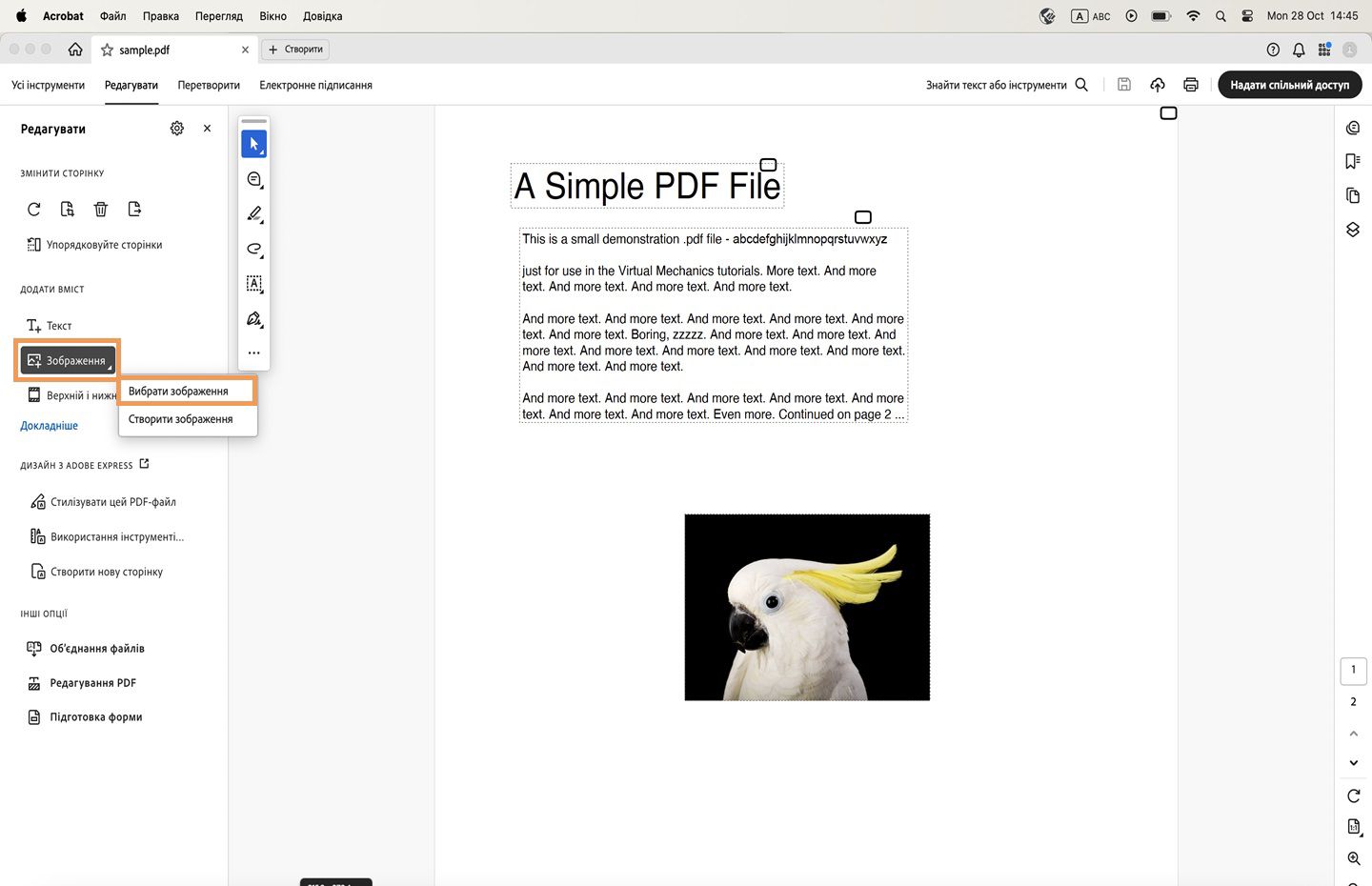 У програмі Acrobat відкрито PDF-документ, в якому виділено команду «Вибрати зображення».