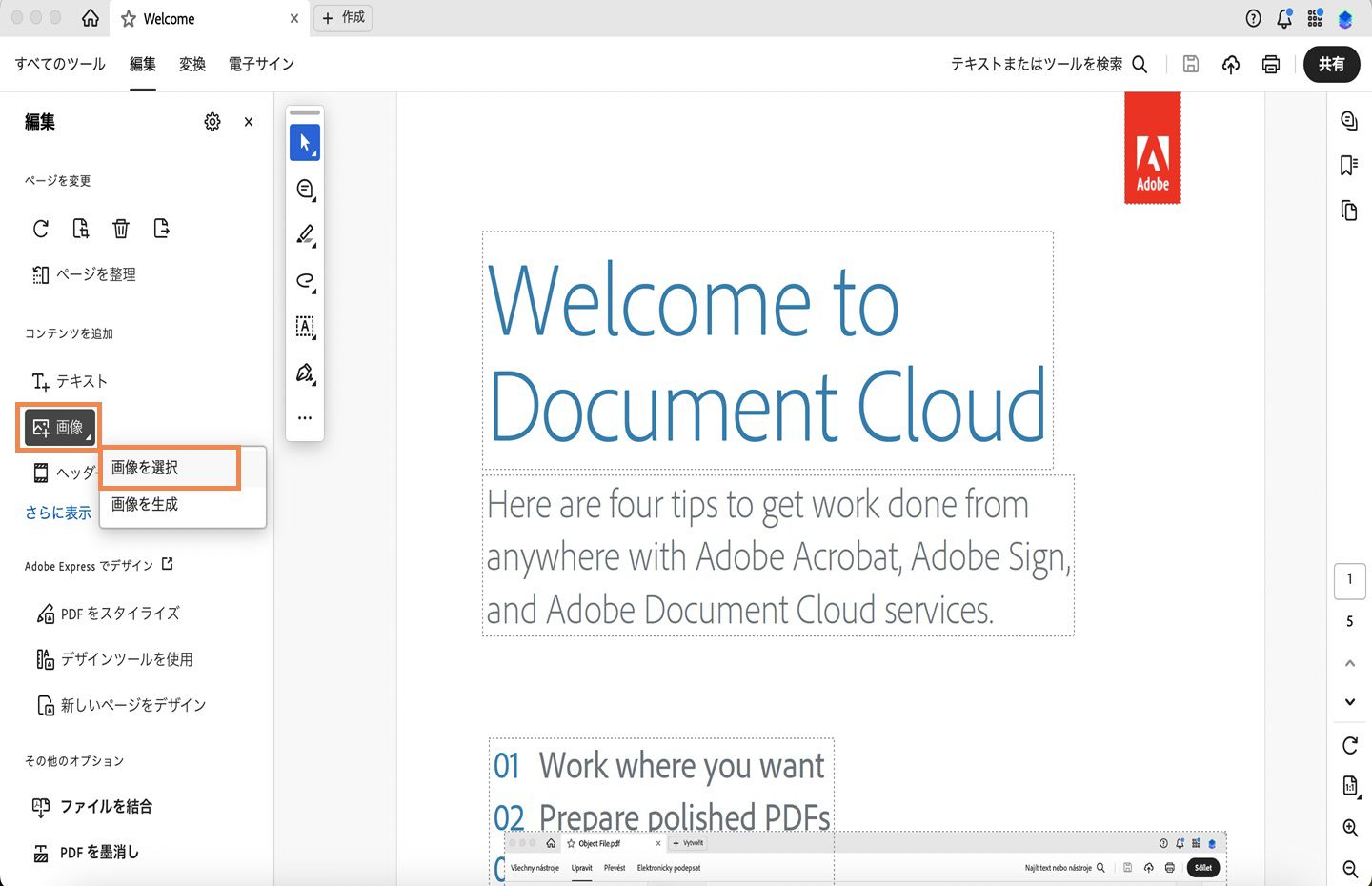 PDF が Acrobat で開かれ、「画像選択」オプションがハイライト表示されています。