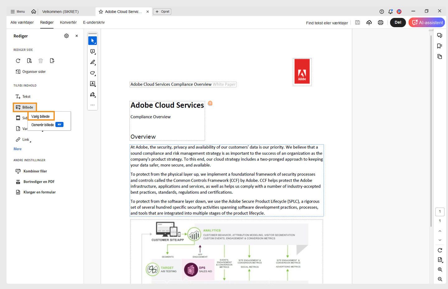 En PDF er åben i Acrobat, og indstillingen Vælg billede er fremhævet.