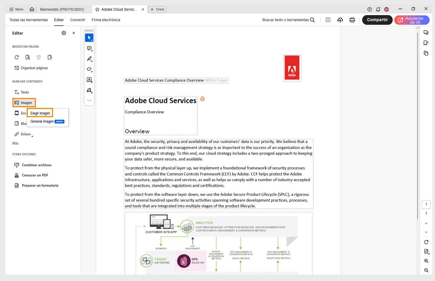 Se abre un PDF en Acrobat y se resalta la opción Elegir imagen.
