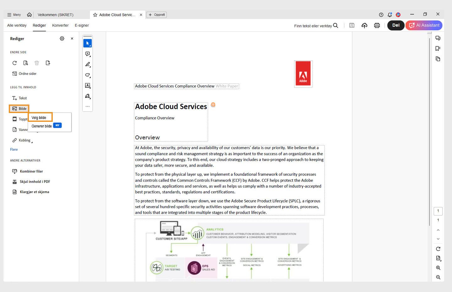 En PDF er åpen i Acrobat og alternativet Velg bilde er uthevet.