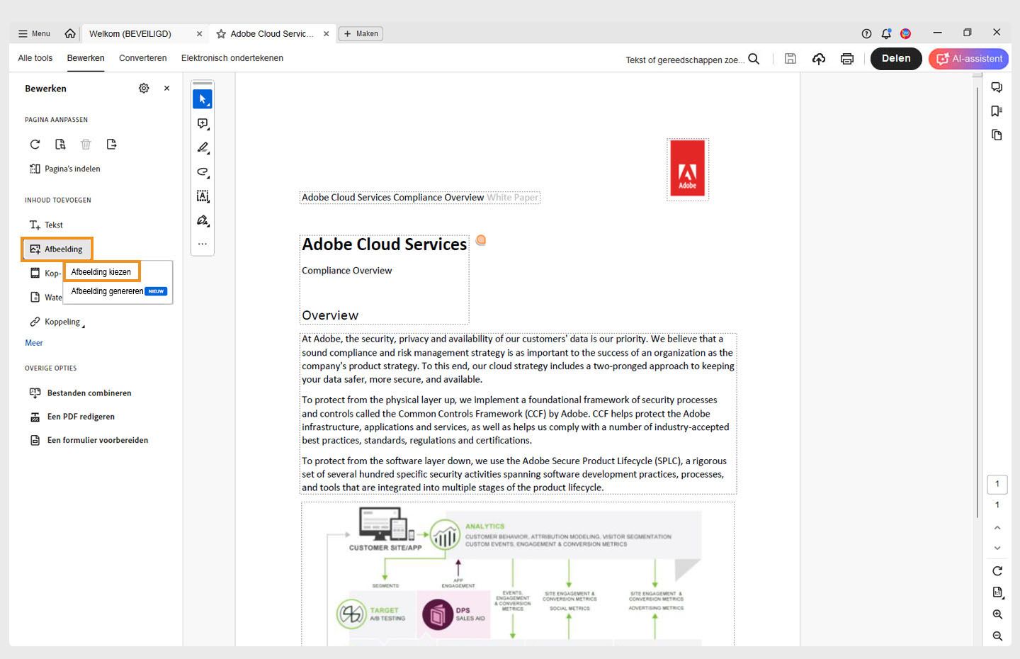 Een document is geopend in Acrobat en de optie Afbeelding kiezen is gemarkeerd.