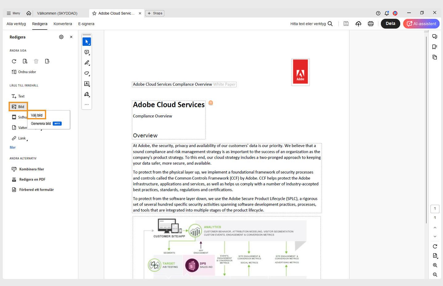 En PDF-fil är öppen i Acrobat och alternativet Välj bild är markerat.