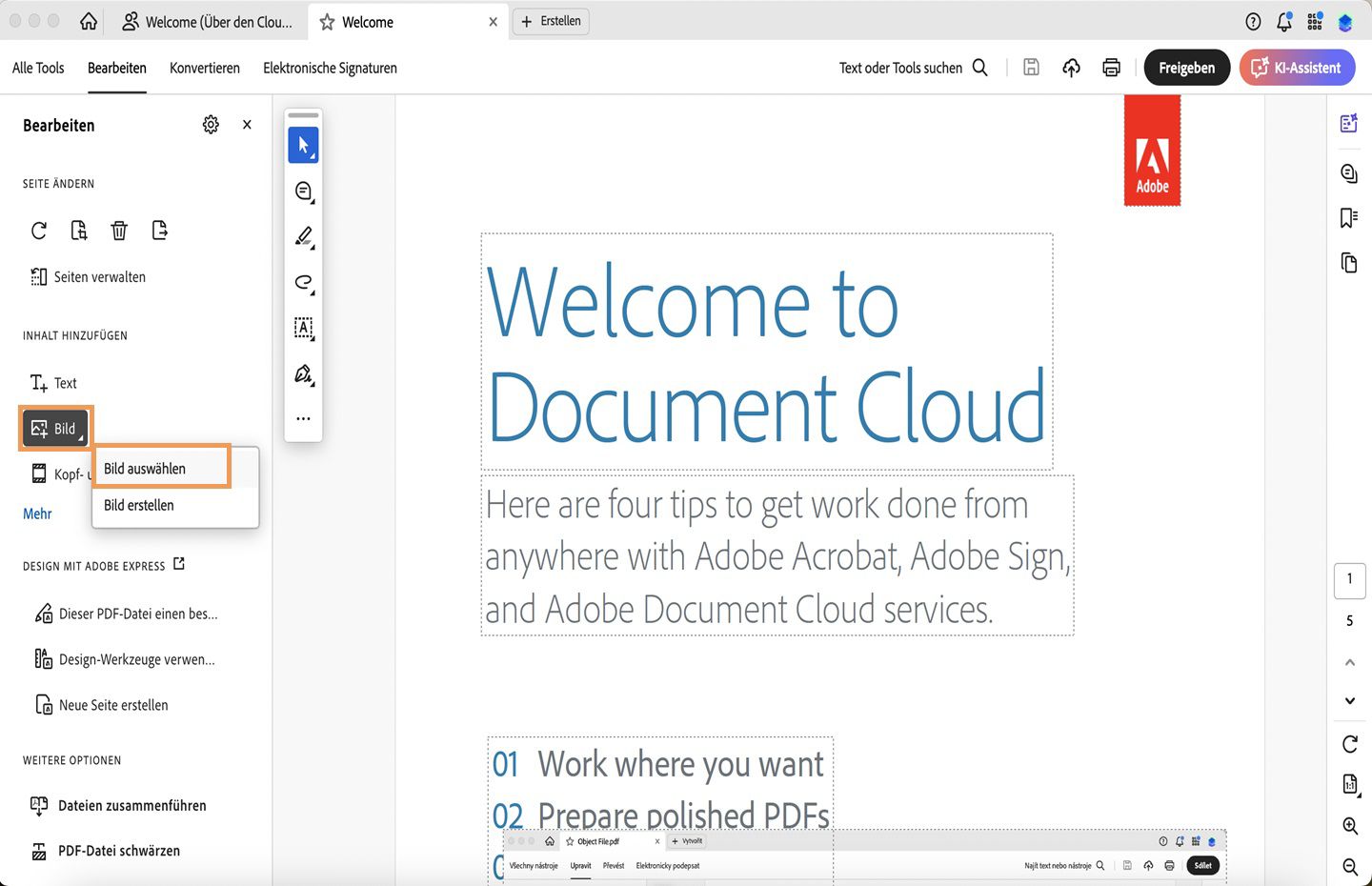 Eine PDF ist in Acrobat geöffnet und die Schaltfläche KI-Assistent wird hervorgehoben.