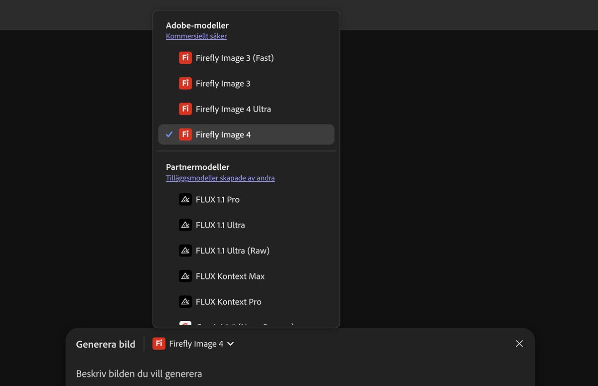 Du kan generera bilder och lägga till dem på arbetsytan genom att välja från listan med Firefly- och icke-Firefly-modeller. Här är Firefly Image 3 (snabb) markerad.