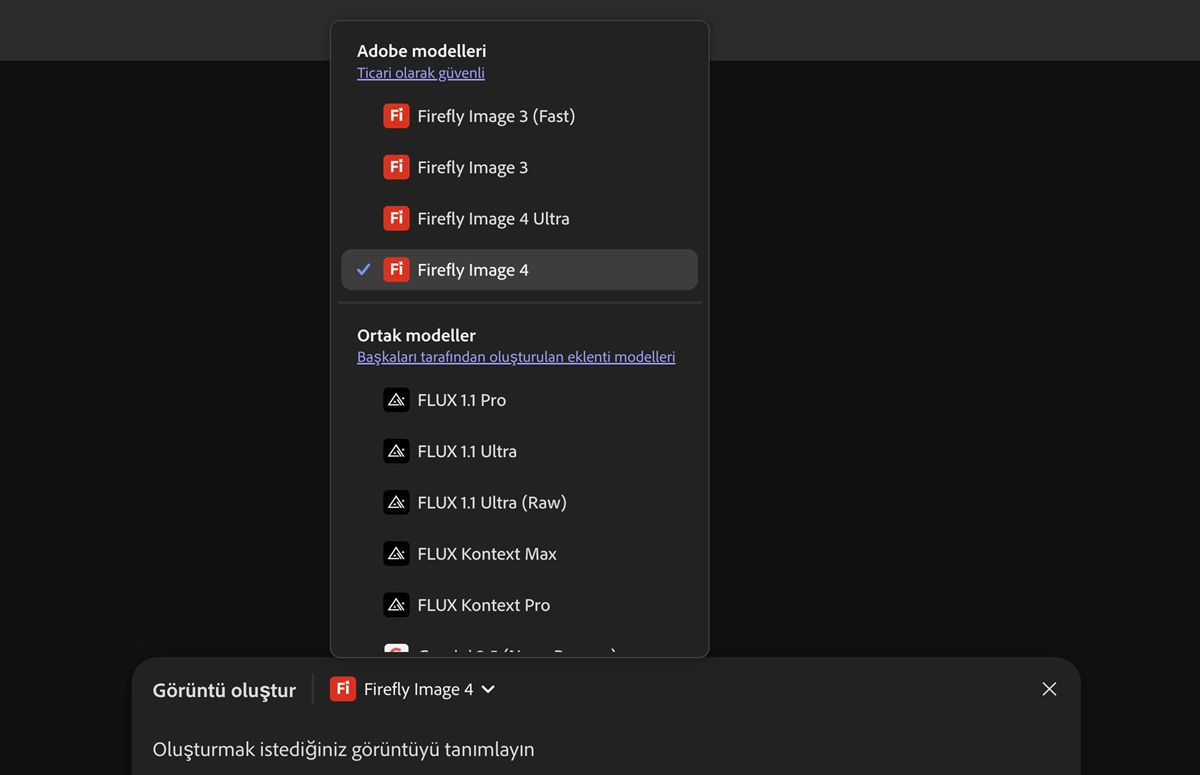 Görüntü oluşturmak ve bunları tuvale eklemek için Firefly ve Firefly harici modeller listesinden seçim yapılabilir. Şu anda, Firefly Image 3 (Hızlı) vurgulanır.