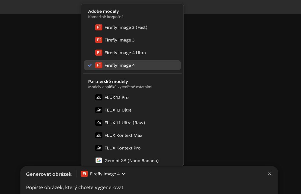 Pro výběr za účelem generování obrázků a jejich přidání na plátno je k dispozici seznam modelů Firefly a Non-Firefly. V současné době je zvýrazněn Firefly Image 3 (Fast).