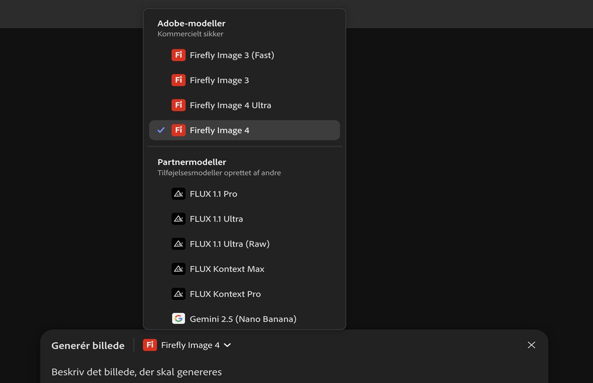 Du kan vælge mellem listen over Firefly- og ikke-Firefly-modeller for at generere billeder og føje dem til lærredet. I øjeblikket er Firefly Image 3 (Fast) fremhævet.