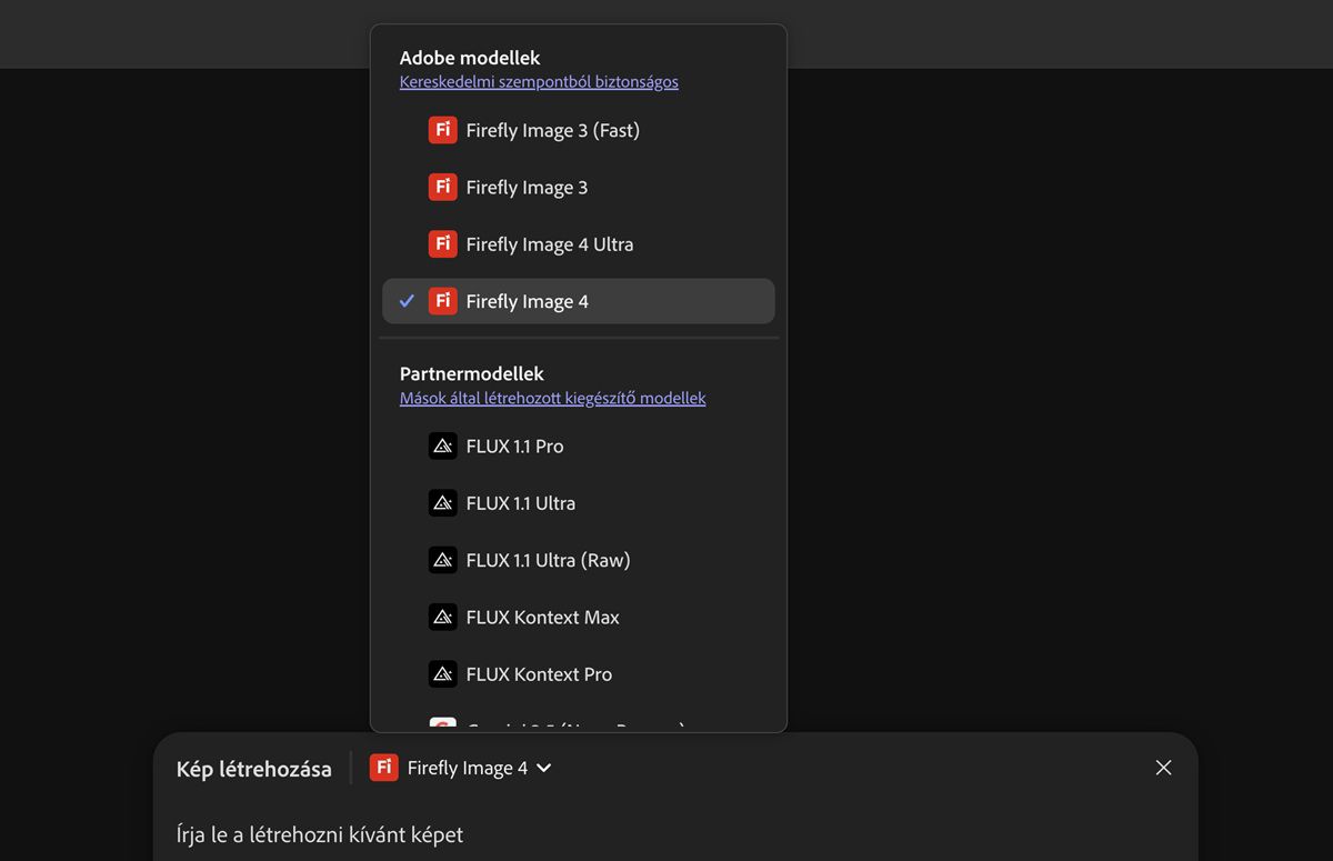 A Firefly és a nem Firefly modellek közül választhat a képek létrehozásához és a vászonhoz való hozzáadásához. Jelenleg a Firefly Image 3 (Fast) van kiemelve.