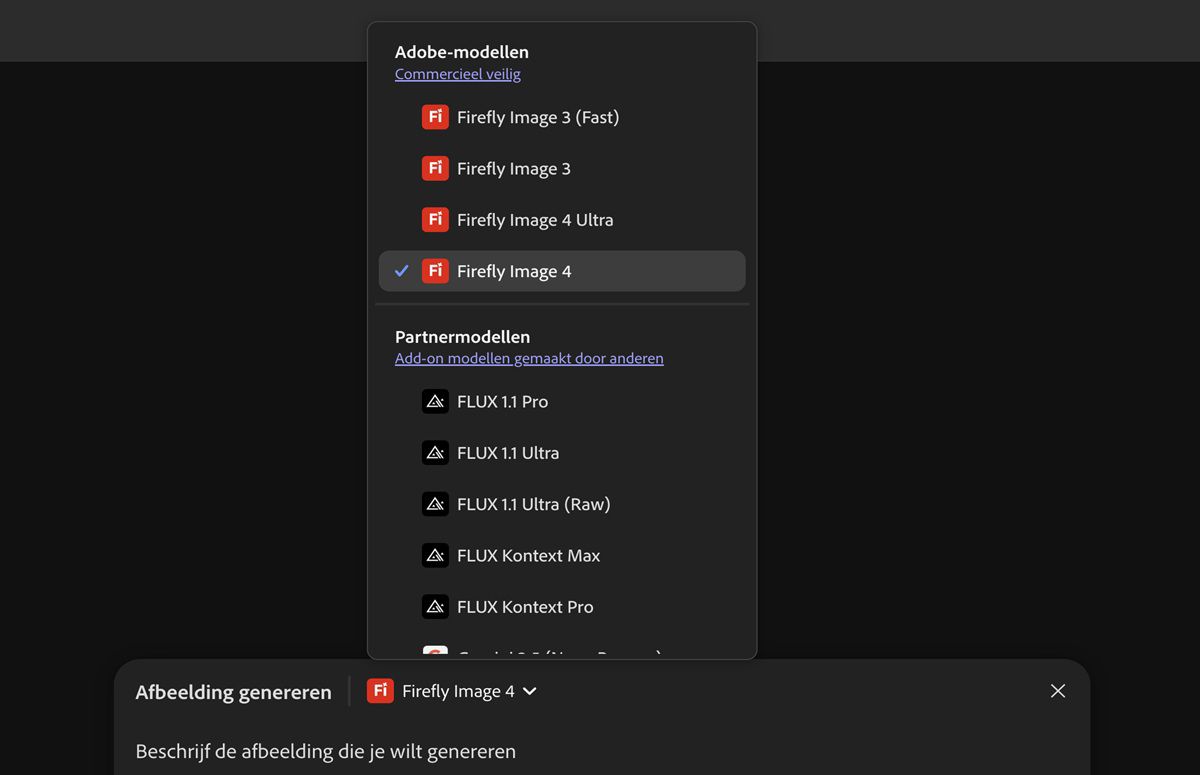 Je kunt kiezen uit de lijst met Firefly- en niet-Firefly-modellen om afbeeldingen te genereren en toe te voegen aan het canvas. Momenteel wordt Firefly Image 3 (snel) uitgelicht.