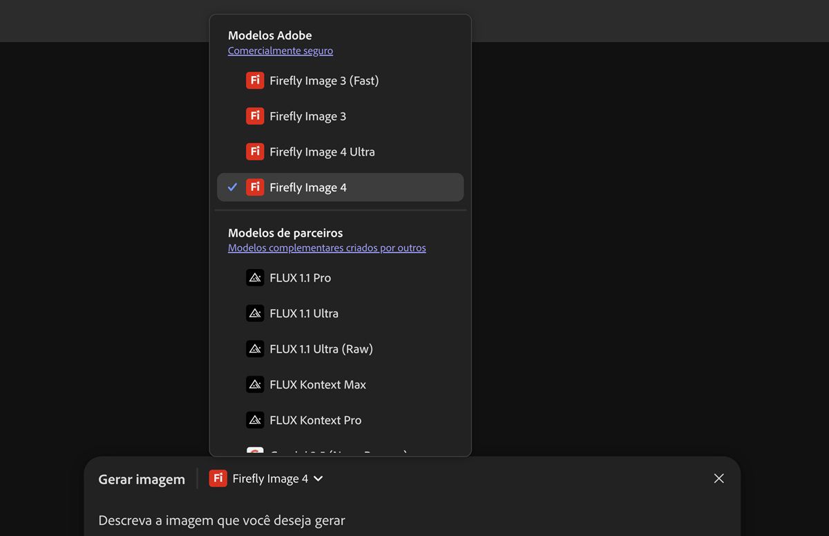 A lista de modelos de Firefly e não-Firefly está disponível para escolha na geração de imagens e sua adição à tela. Atualmente, o Firefly Image 3 (Fast) está realçado.