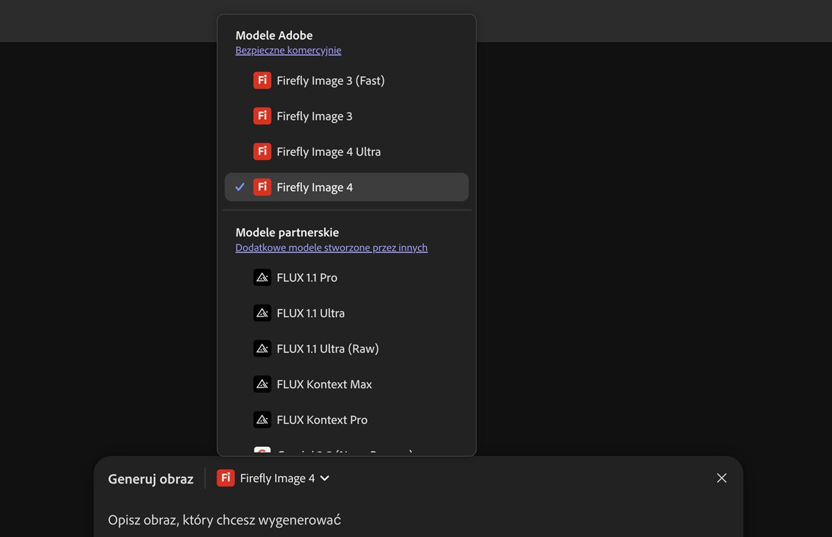 Lista modeli z usługi Firefly i spoza niej, które można wybierać w celu generowania obrazów i dodawania ich do obszaru roboczego. Obecnie podświetlany jest obraz Firefly Image 3 (Fast).