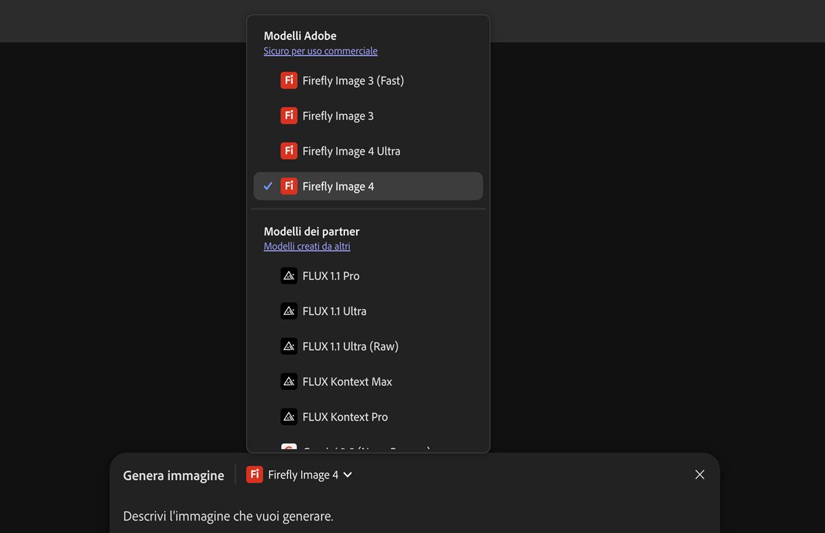 Nell’elenco è possibile scegliere i modelli di Firefly e non di Firefly per generare le immagini e aggiungerle all’area di lavoro. Al momento, è evidenziato Firefly Image 3 (Fast).