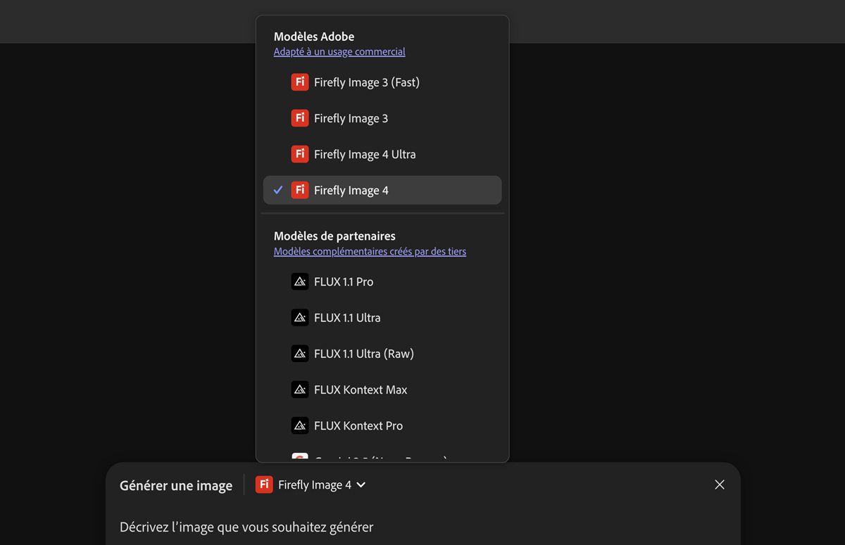 La liste des modèles Firefly et non Firefly disponibles est affichée. Vous pouvez choisir l’un d’eux pour générer des images et les ajouter à la zone de travail. Actuellement, l’image Firefly 3 (rapide) est mise en surbrillance.