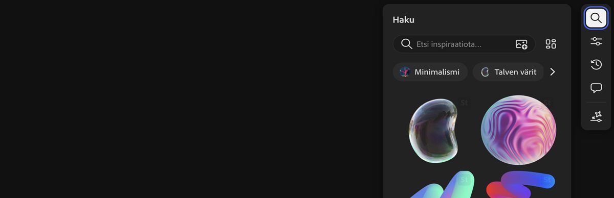 Hae-vaihtoehto on valittuna, ja hakupaneeli on käytettävissä kuvapankkikuvien etsimiseen Adobe Stock -sivustosta.