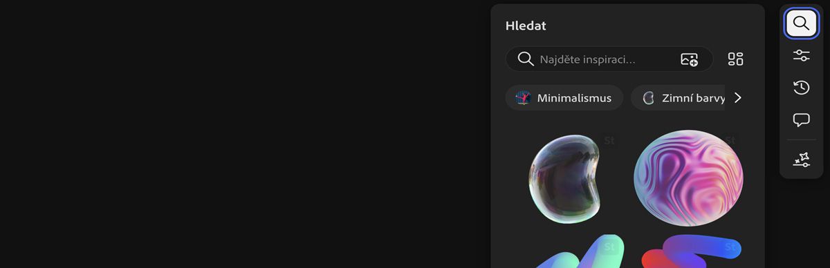 Volba Hledat je zvýrazněna, a vy tak můžete použít panel Hledat k vyhledání obrázků na webu služby Adobe Stock.