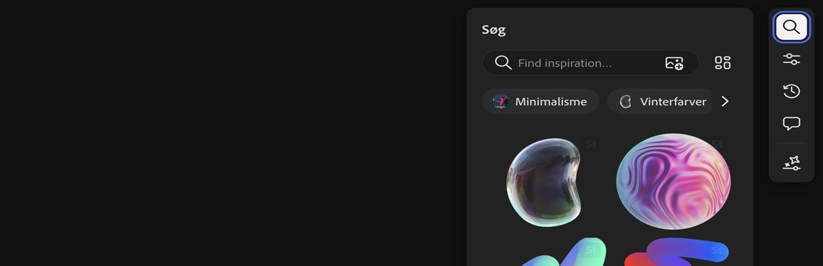 Søgemuligheden er fremhævet, så du kan bruge panelet Søg til at finde billeder fra billedsamlingen på Adobe Stock-webstedet.