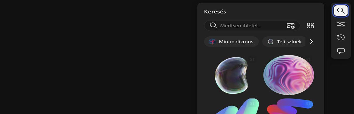 A Keresés lehetőség ki van emelve, és a Keresés panelen kereshet az Adobe Stock webhelyen tárolt jogdíjmentes képek között.