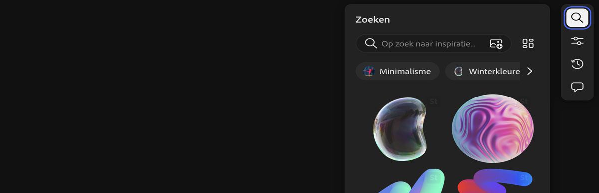 De optie Zoeken is gemarkeerd, zodat je het deelvenster Zoeken kunt gebruiken om stock-afbeeldingen te zoeken op de Adobe Stock-website.