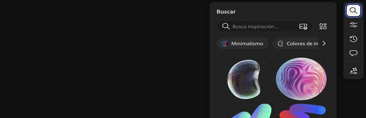 La opción Buscar aparece resaltada, lo que le permite utilizar el panel Buscar para buscar imágenes de stock en el sitio web de Adobe Stock.