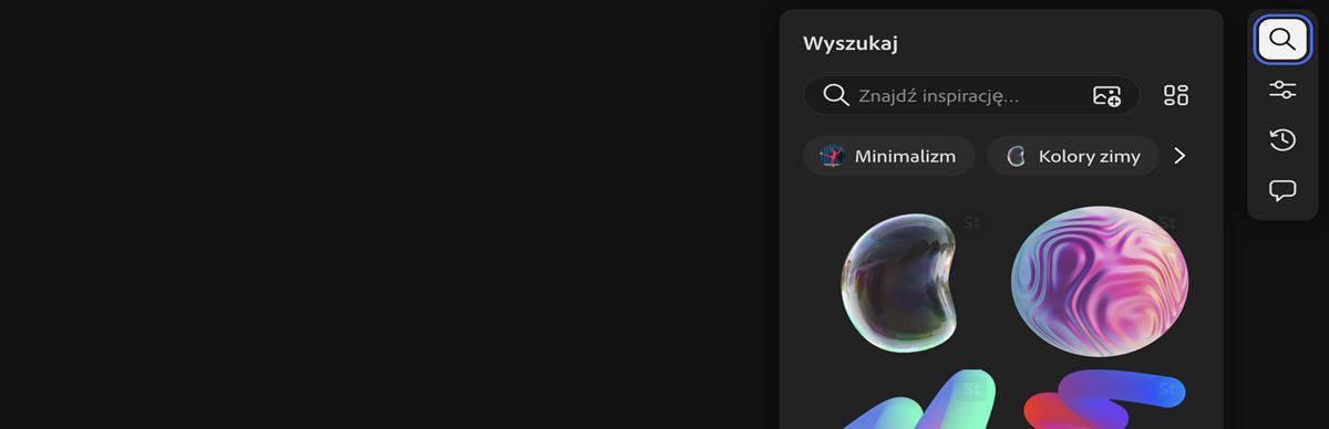 Opcja Szukaj jest podświetlona, co pozwala na użycie panelu Szukaj do znalezienia w witrynie Adobe Stock płatnych obrazów.