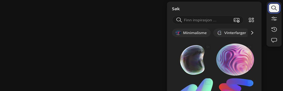 Søk-alternativet er uthevet, hvor du kan bruke søkepanelet til å finne Stock-bilder på Adobe Stock-nettstedet.