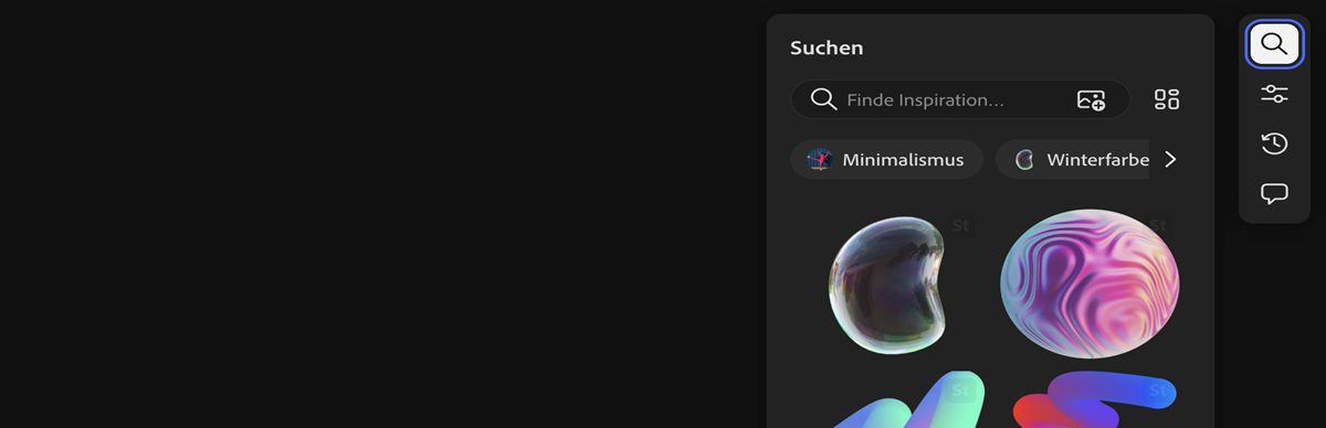 Die Option „Suchen“ ist hervorgehoben, sodass du das Suchfenster verwenden kannst, um Stock-Fotos auf der Adobe Stock-Website zu finden.