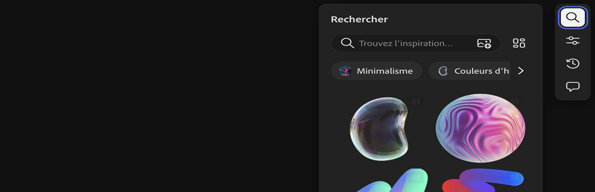 L’option Rechercher est mise en évidence et vous permet d’utiliser le panneau Rechercher pour trouver le catalogue d’images sur le site web d’Adobe Stock.