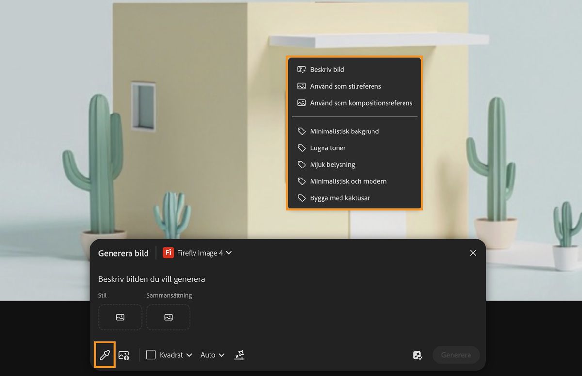 Provet från arbetsytan markeras och en bild på arbetsytan väljs. Det finns alternativ för att använda den som en referens för stil och sammansättning, och även för att använda de extraherade delbeskrivningarna