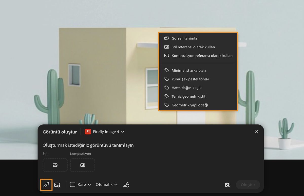 Tuvalden örnek seçilir ve tuval içinden bir görüntü belirlenir. Stil ve kompozisyon için referans olarak kullanmak ve hatta çıkarılan alt istemleri kullanmak için seçenekler mevcuttur