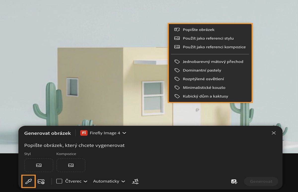 Je vybrán vzorek z plátna a zvolen obrázek na plátně. Existují možnosti, jak jej použít jako referenční styl a kompozici, a dokonce použít extrahovaná dílčí zadání