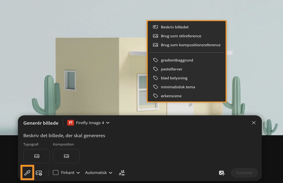 Prøven fra lærredet vælges, og der vælges et billede på lærredet. Der er muligheder for at bruge den som reference til format og sammensætning og endda til at bruge de udtrukne underkommandoer