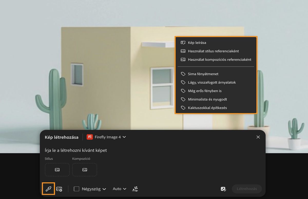 A vászonról vett minta van kijelölve, és egy kép ki van jelölve a vásznon. Lehetőség van a stílus és a kompozíció referenciájaként való használatra, sőt, a kivont részutasítások használatára is.