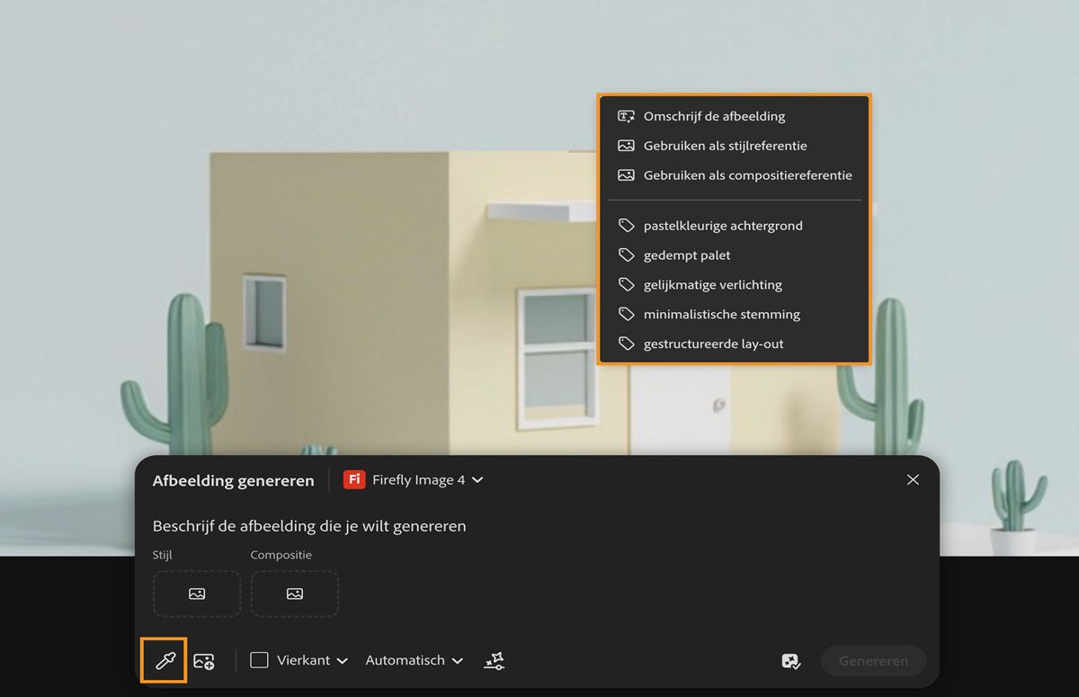 Het voorbeeld van het canvas wordt geselecteerd en er wordt een afbeelding op het canvas gekozen. Er zijn opties om deze als referentie te gebruiken voor stijl en compositie, en zelfs om de geëxtraheerde subopdrachten te gebruiken