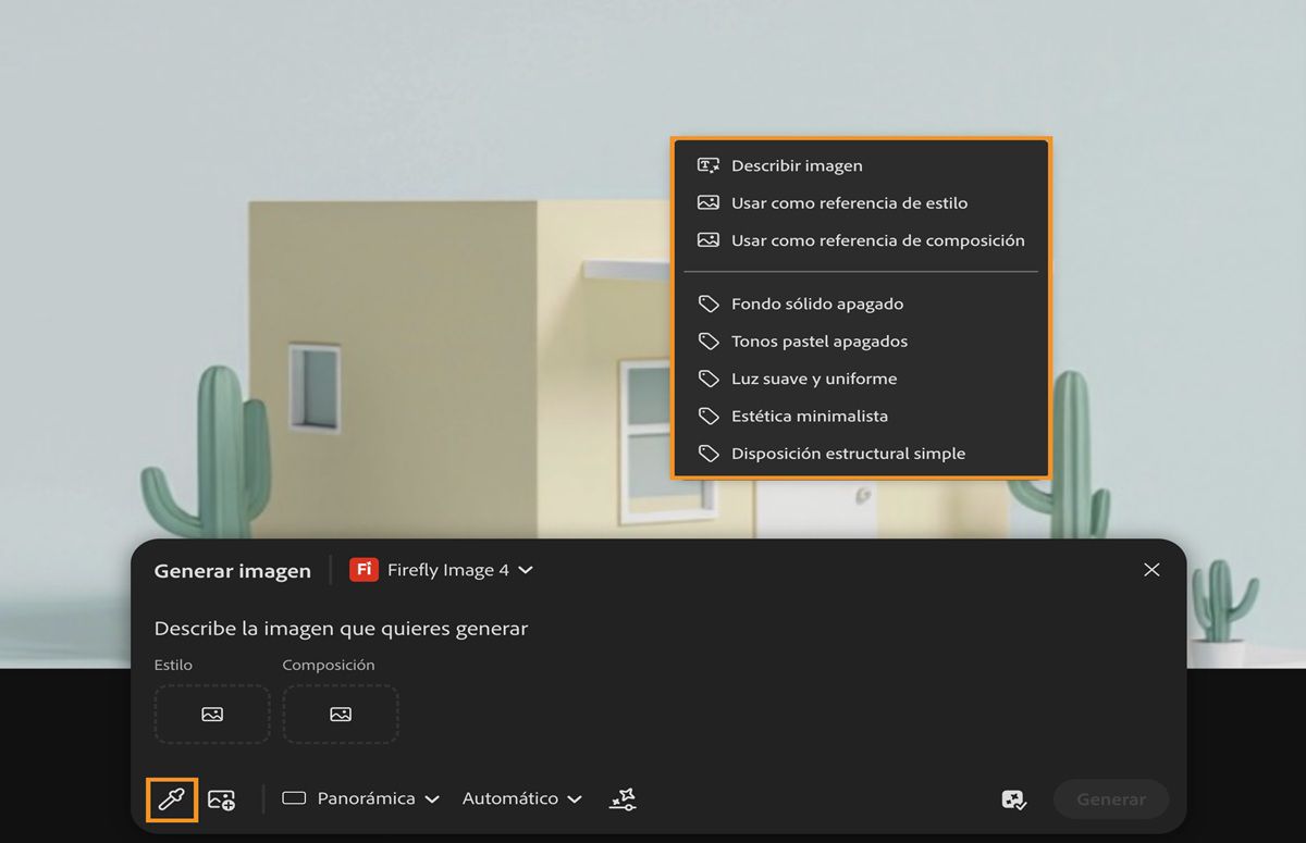 Se selecciona la muestra del lienzo y se elige una imagen en el lienzo. Hay opciones para que se utilice como referencia para el estilo y la composición, e incluso para utilizar las subindicaciones extraídas.