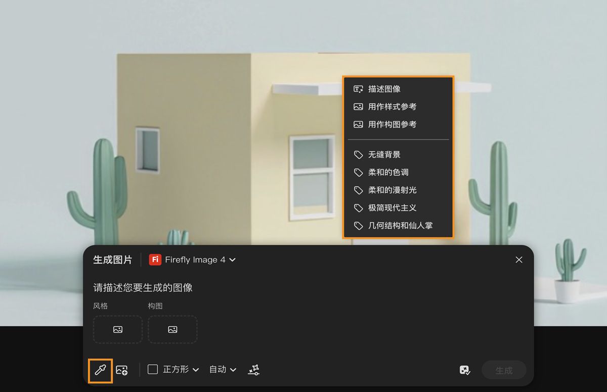 选中画布中的样本，并选择画布中的图像。可将其用作样式和构图参考，甚至可利用提取的子提示