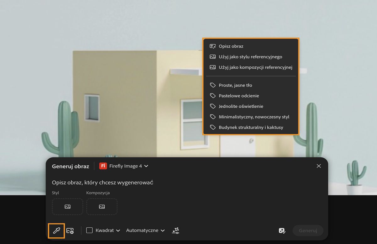Zostaje wybrana próbka z obszaru roboczego, a następnie zostaje wybrany obraz znajdujący się w tym obszarze. Występują opcje, które umożliwiają jej użycie jako wzorca stylu i kompozycji, a nawet korzystanie z wyodrębnionych poleceń podrzędnych