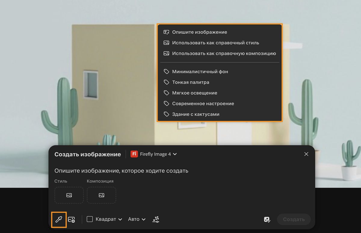 Выбран параметр «Образец с холста», а также выбрано изображение на холсте. Показаны параметры, которые позволяют использовать его в качестве справочного стиля и справочной композиции, а также позволяют использовать извлеченные подзапросы