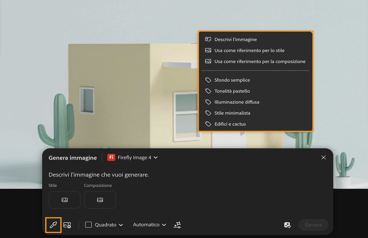 È selezionato il campione nell’area di lavoro ed è stata scelta un’immagine nell’area di lavoro. Sono disponibili opzioni per utilizzarla come riferimento per lo stile e la composizione, nonché per utilizzare i sotto-prompt estratti