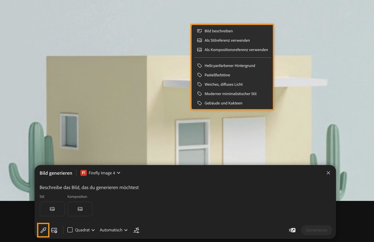 Das Muster auf der Arbeitsfläche wird ausgewählt und ein Bild auf der Arbeitsfläche wird ausgewählt. Es gibt Optionen, um es als Referenz für Stil und Komposition zu verwenden und sogar die extrahierten Teil-Prompts zu verwenden.