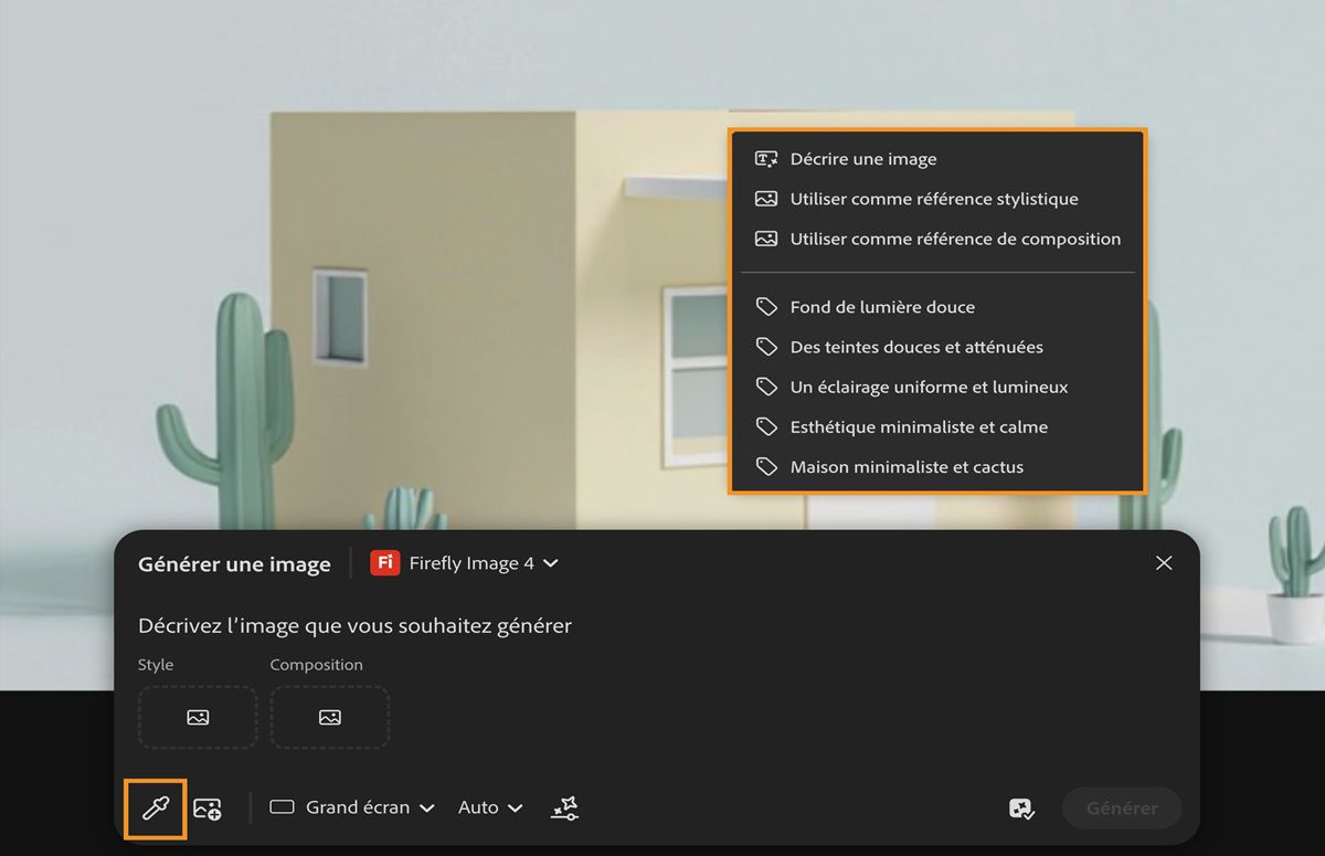L’option d’échantillon de zone de travail est sélectionnée et une image est choisie dans la zone de travail. Des options s’affichent pour l’utiliser comme référence pour le style et la composition. Il est également possible d’utiliser les sous-prompts extraits.