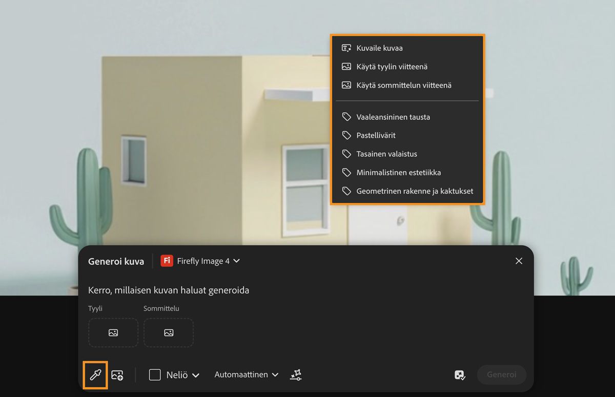 Näytevaihtoehto on valittu, ja piirtoalueelta on valittu kuva. Näytössä näkyy vaihtoehtoja, joilla sitä voi käyttää tyylin tai sommittelun viitteenä ja joilla siitä voi purkaa alakehotteita.