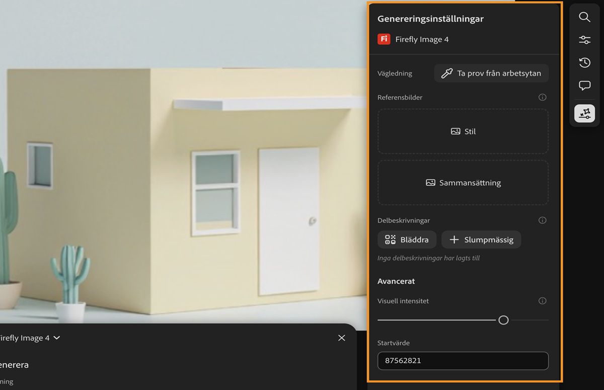 Genereringshistoriken är tillgänglig och alternativet Genereringsinställningar är markerat bredvid knappen Generera i textbeskrivningen.