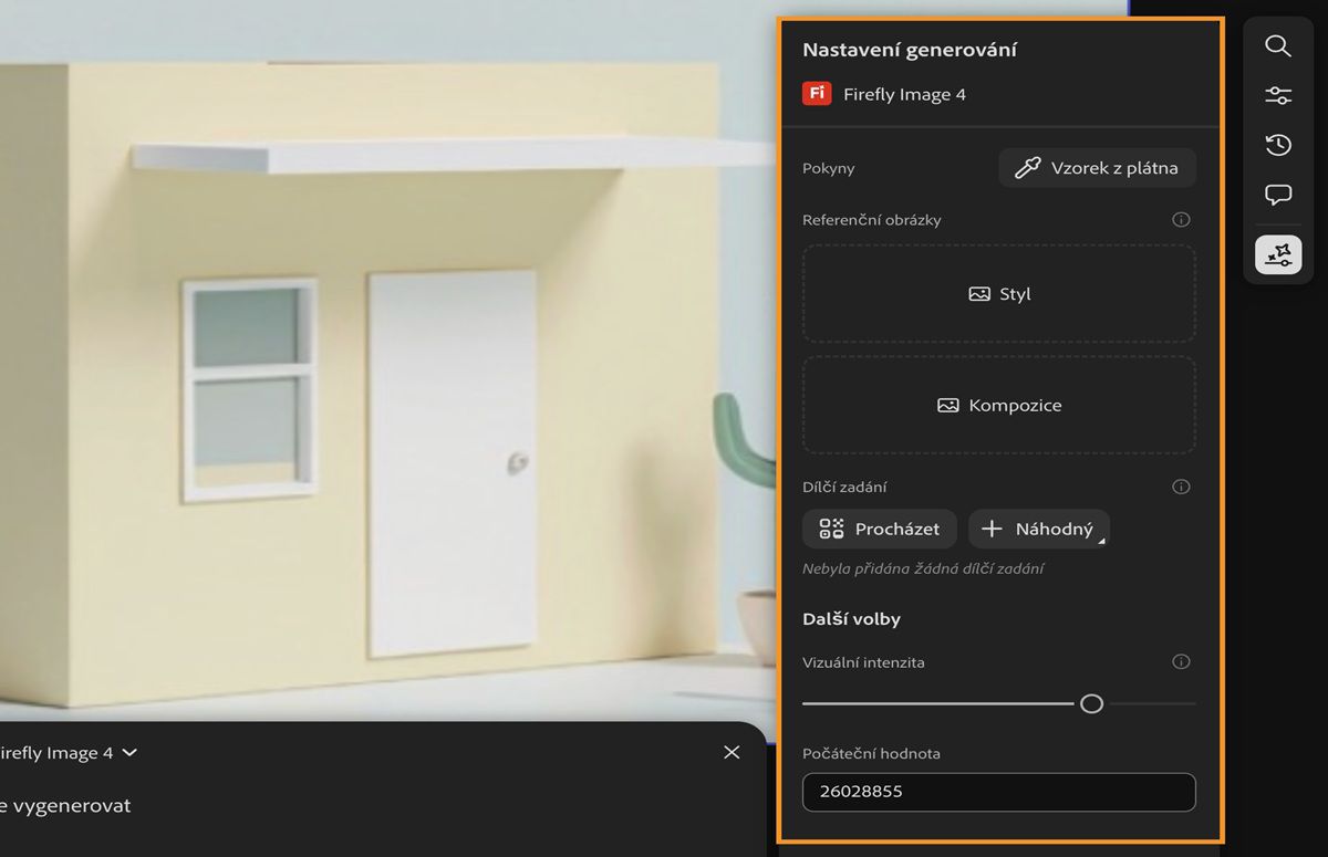 K dispozici je historie generování a vedle tlačítka Generovat je v textovém zadání zvýrazněna možnost Nastavení generování.