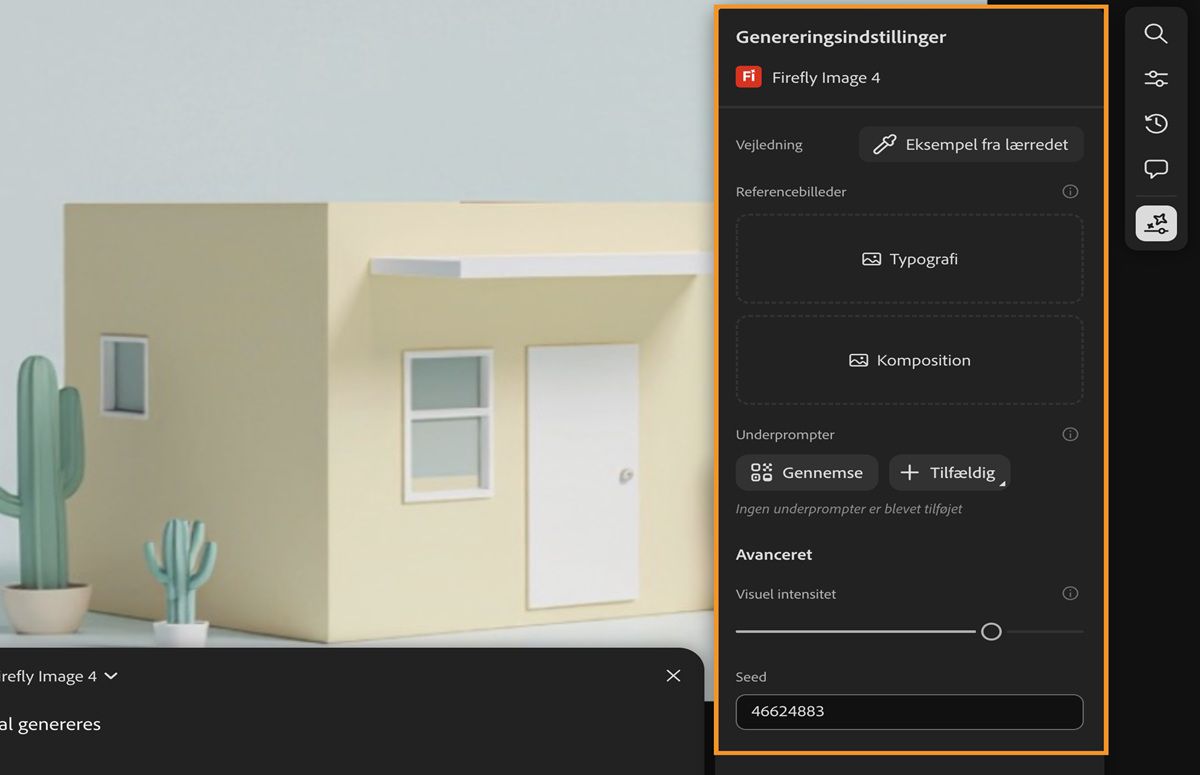 Genereringsoversigten er tilgængelig, og indstillingen Genereringsindstillinger er fremhævet ved siden af knappen Generér i tekstprompten.