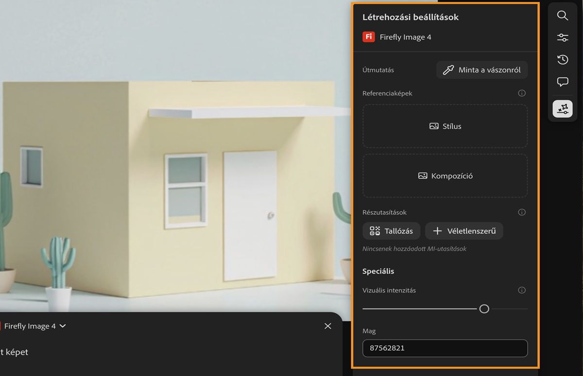 Elérhető a létrehozási előzmények, és Létrehozási beállítások lehetőség ki van emelve a Létrehozás gomb mellett a szöveges utasításnál.