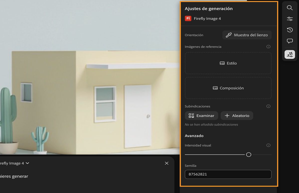 El historial de generación está disponible y la opción Configuración de generación se resalta junto al botón Generar en el mensaje de texto.