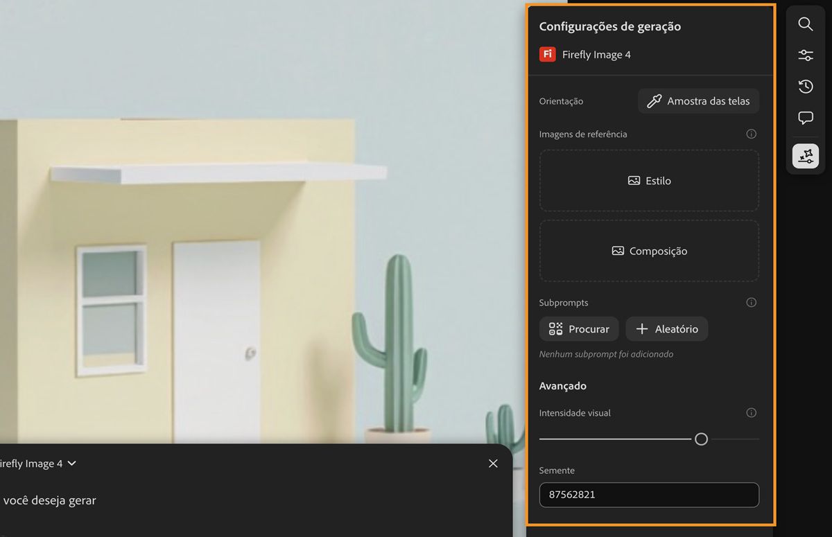 O histórico de geração está disponível e a opção Configurações de geração está destacada ao lado do botão Gerar no prompt de texto.