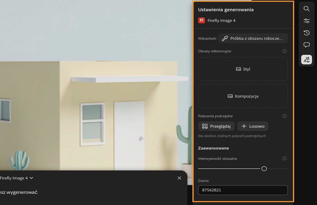 Historia generowania jest dostępna, a opcja Ustawienia generowania jest podświetlona obok przycisku Generuj w monicie tekstowym.