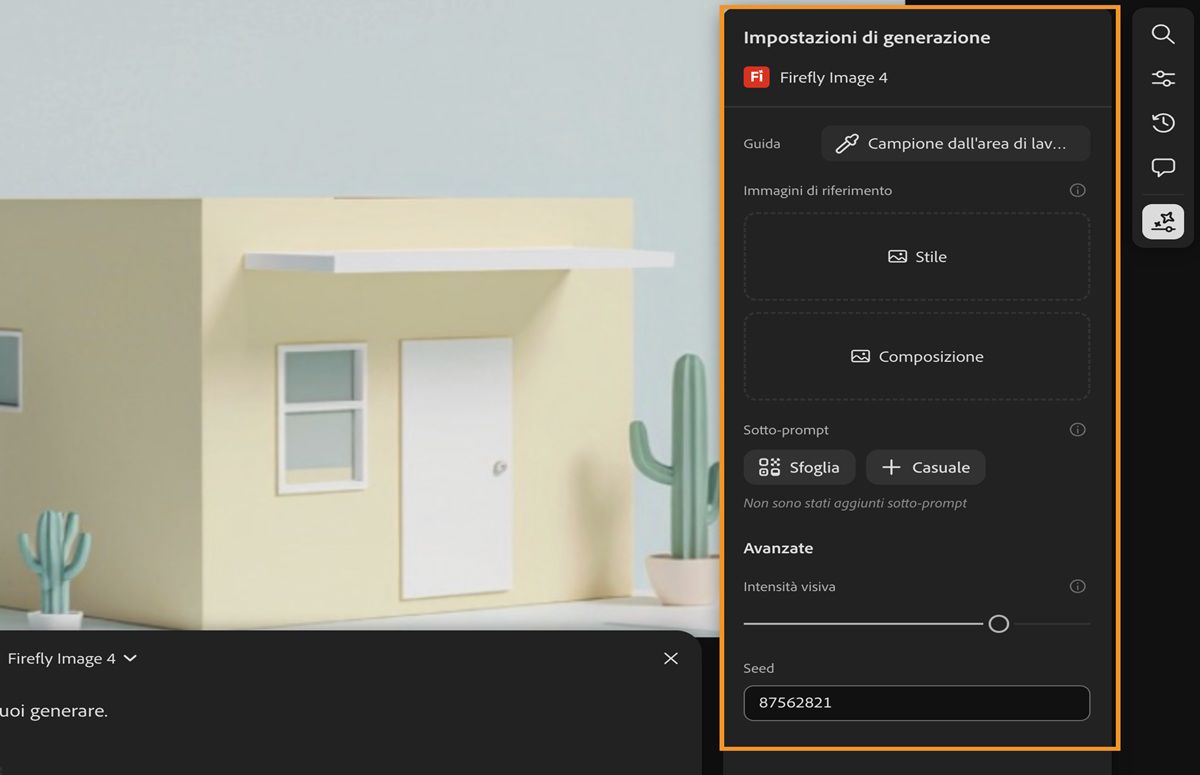 È disponibile la cronologia delle generazioni e l’opzione Impostazioni di generazione è evidenziata accanto al pulsante Genera nel prompt di testo.